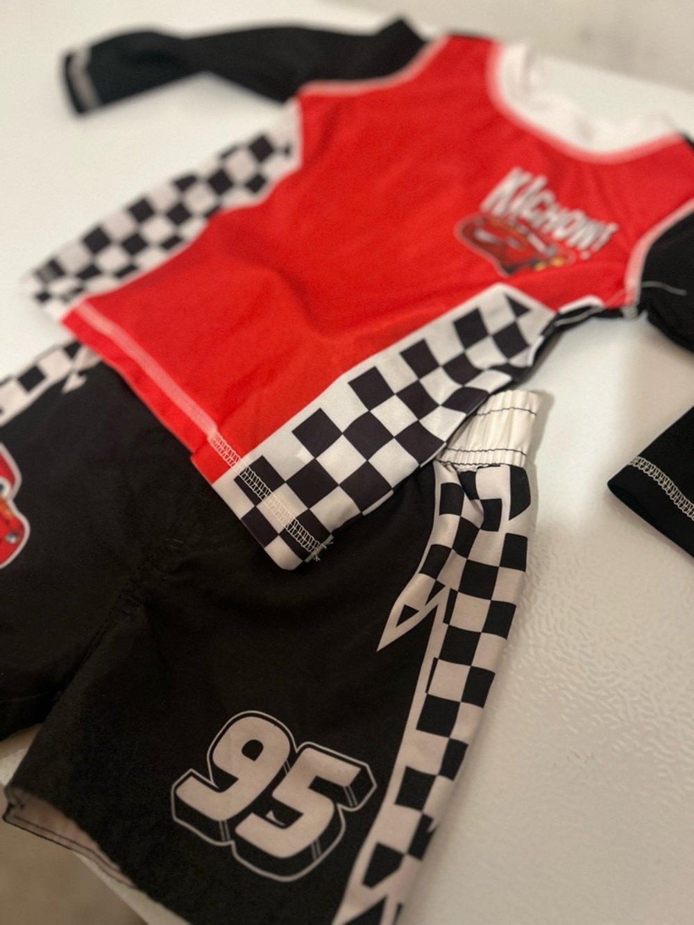 Red & Black Race Car Rash Guard Set - Checkerboard Detail